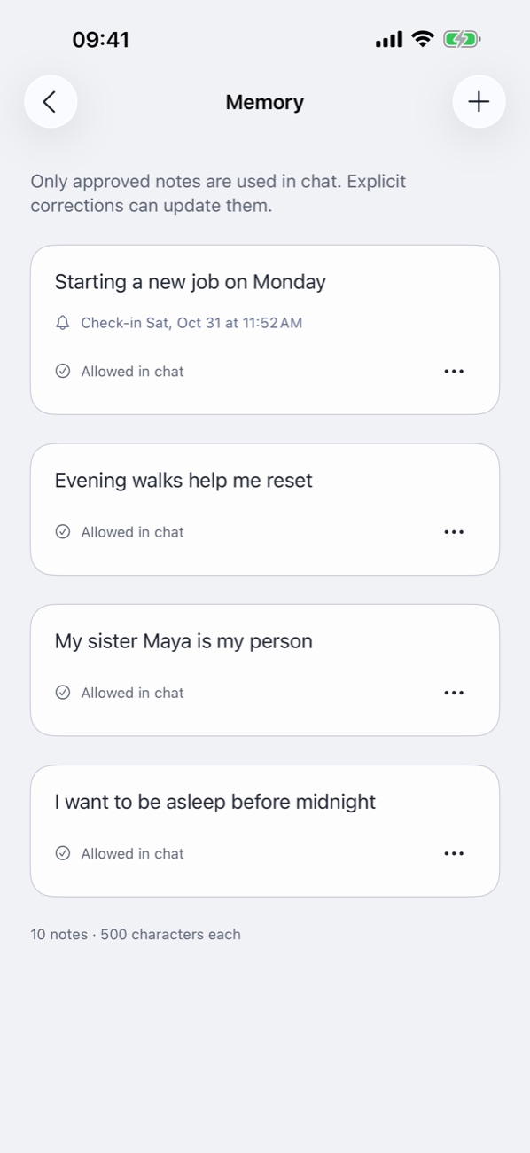 The Memory screen with four approved notes, such as Starting a new job on Monday