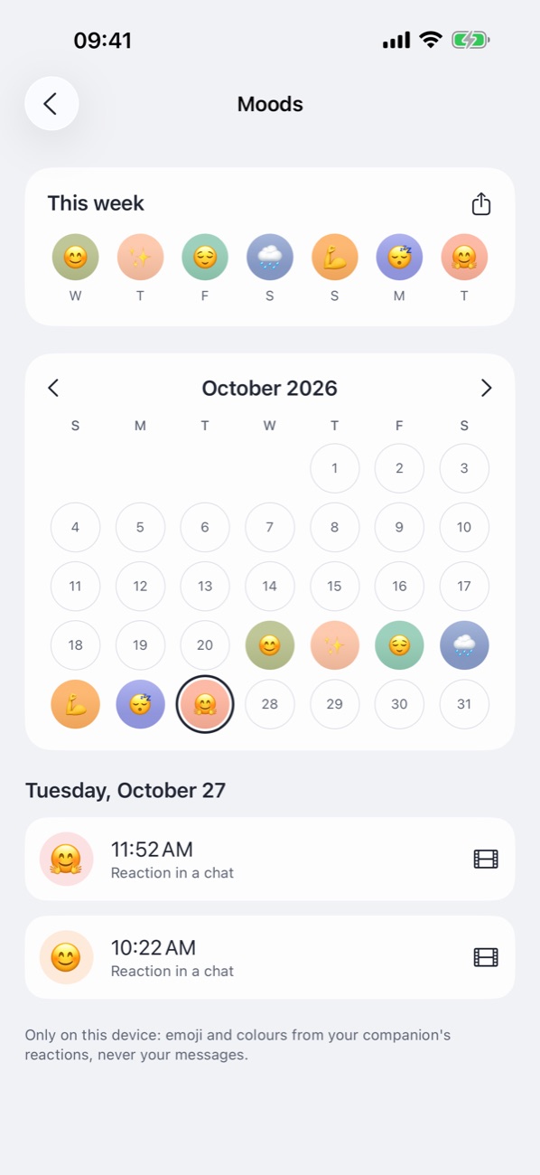 The Moods screen: this week as seven coloured faces above an October calendar